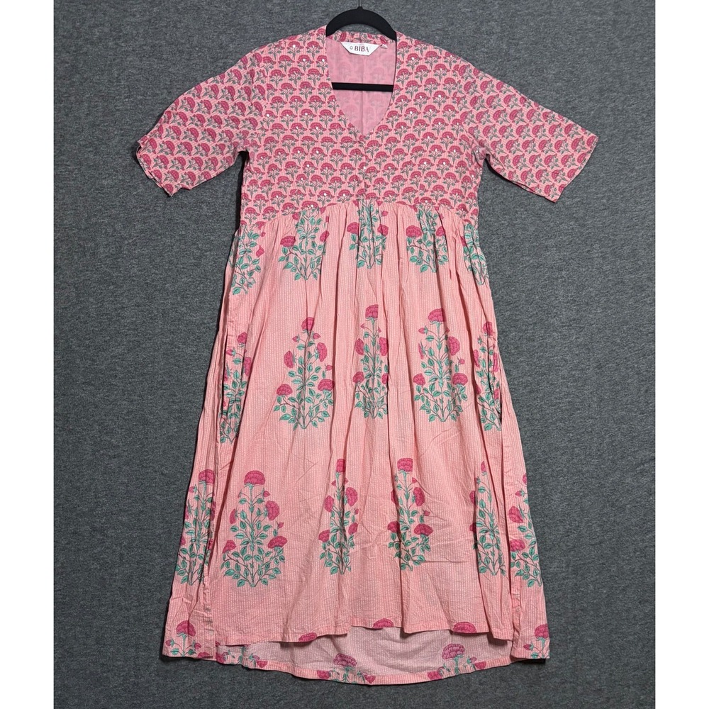 Biba Maxi Dress Womens 36 Pink Floral Print Pleated Short Sleeve V Neck Pullover